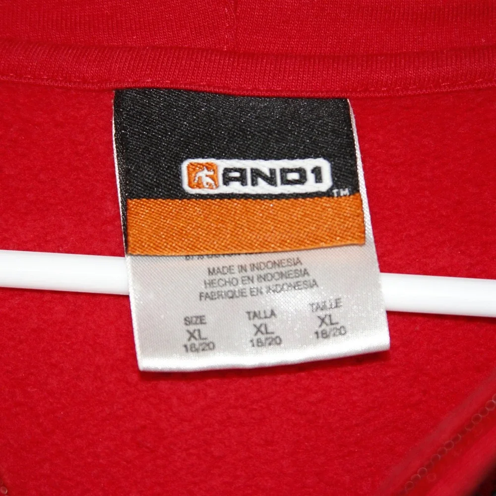 VTG AND1 Kids Red Zip Up Hoodie‎ Basketball Size XL 18 20 Y2K Streetwear Flawed
